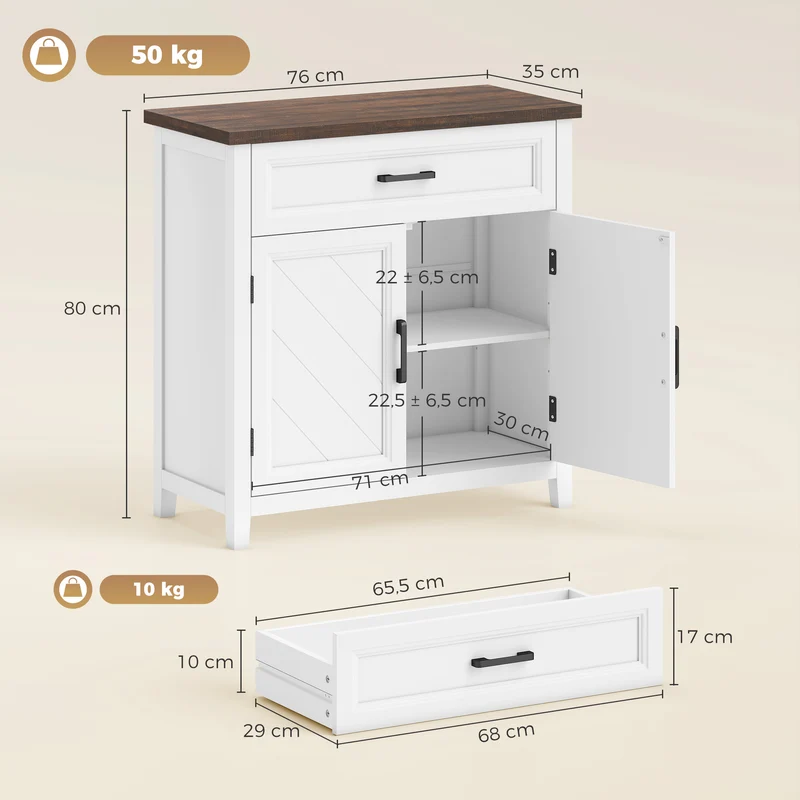 Buffet de salon polyvalent avec tiroir spacieux étagère réglable 76 x 35 x 80 cm gain de place moderne en MDF blanc 21_0003642