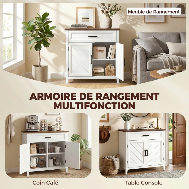 Buffet de salon polyvalent avec tiroir spacieux étagère réglable 76 x 35 x 80 cm gain de place moderne en MDF blanc 21_0003642