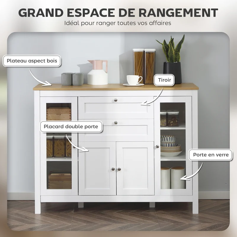 Buffet de rangement pour salon salle à manger 120 x 40 x 90 cm grand espace portes vitrées classique cosy en MDF blanc 21_0002227
