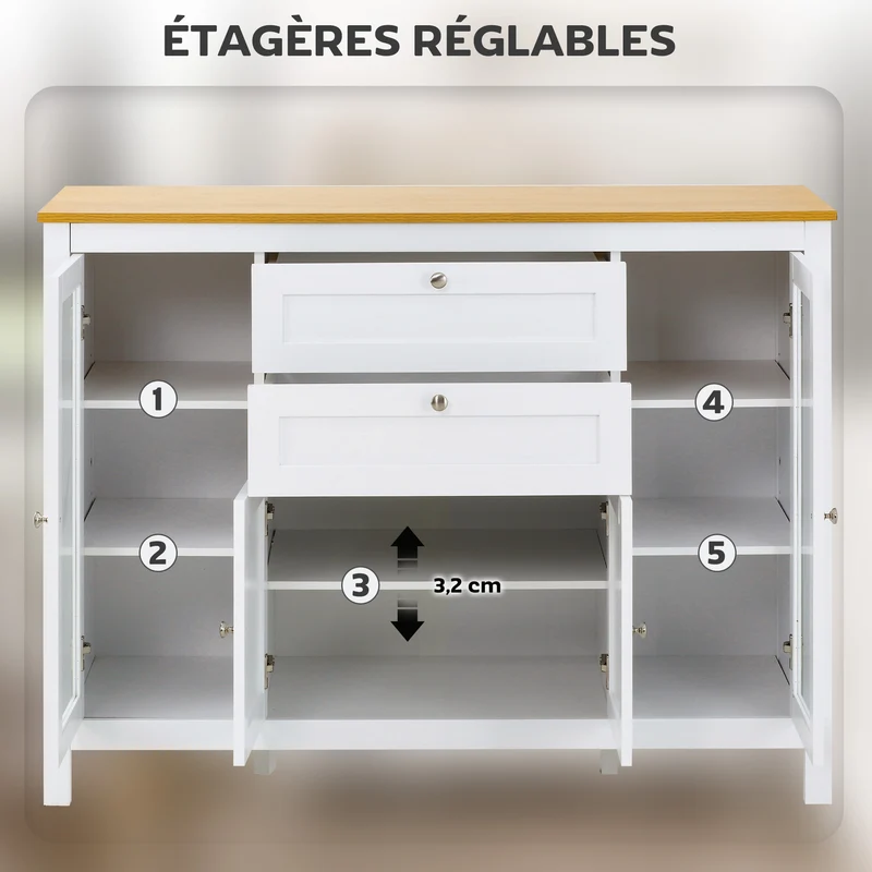 Buffet de rangement pour salon salle à manger 120 x 40 x 90 cm grand espace portes vitrées classique cosy en MDF blanc 21_0002227