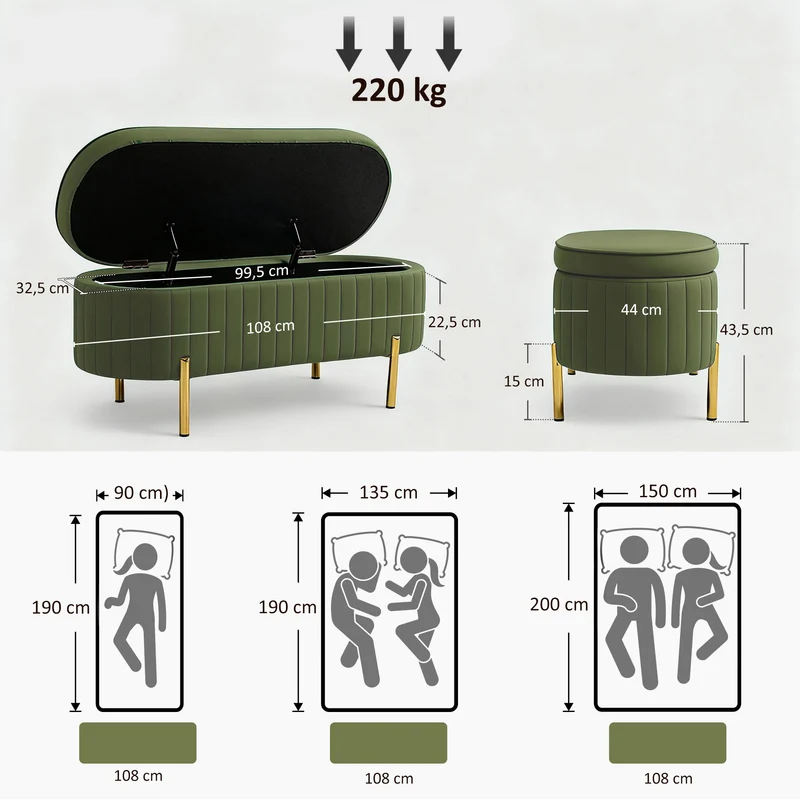 Banc de rangement ovale bout de lit 108 x 44 x 43,5 cm coffre 72 L capitonné tendance pieds dorés en velours vert foncé 21_0001655