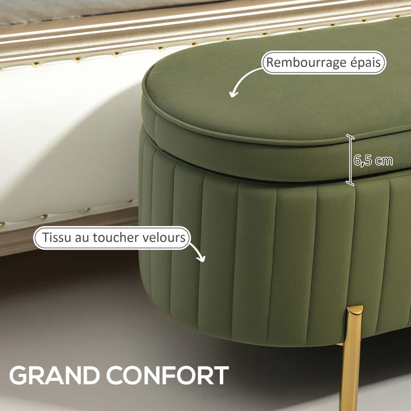 Banc de rangement ovale bout de lit 108 x 44 x 43,5 cm coffre 72 L capitonné tendance pieds dorés en velours vert foncé 21_0001655