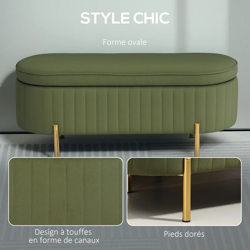 Banc de rangement ovale bout de lit 108 x 44 x 43,5 cm coffre 72 L capitonné tendance pieds dorés en velours vert foncé 21_0001655