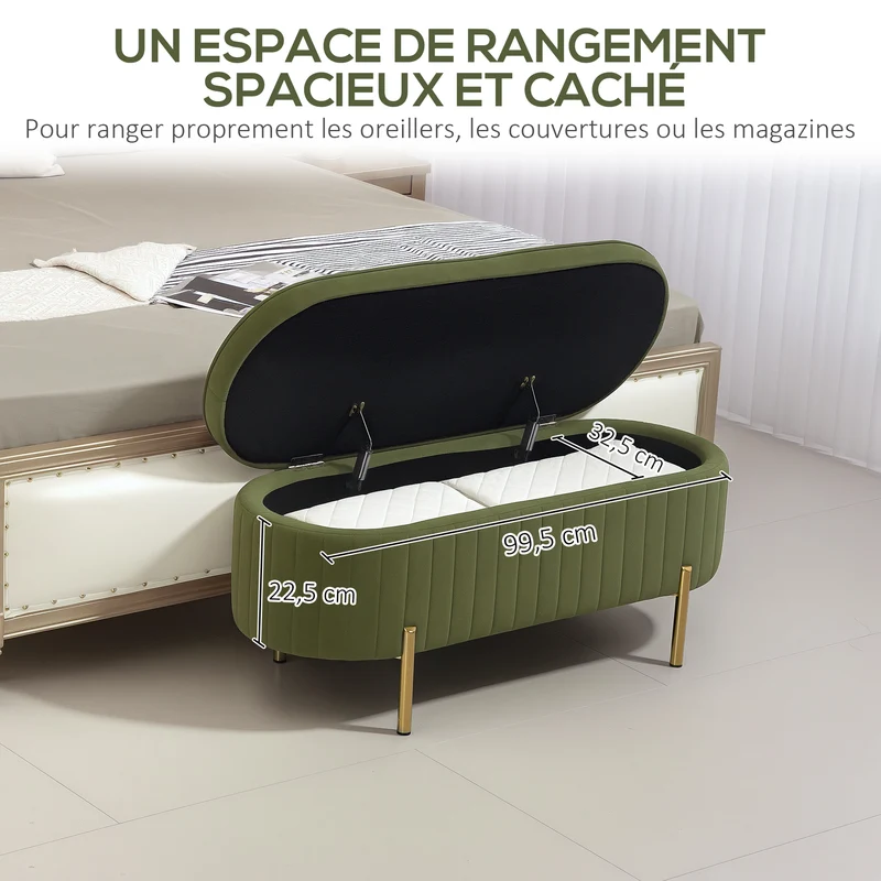 Banc de rangement ovale bout de lit 108 x 44 x 43,5 cm coffre 72 L capitonné tendance pieds dorés en velours vert foncé 21_0001655