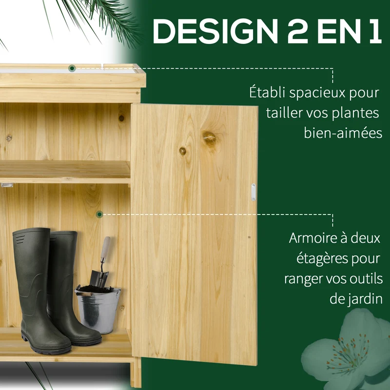 Armoire de jardin 80 x 45 x 92 cm double porte rangement outils pieds surélevés rustique en bois massif bois naturel 21_0004681