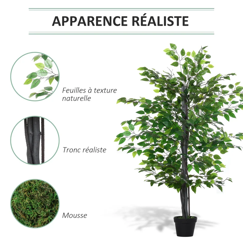 Arbre artificiel ficus d'intérieur 145 x 15 x 15 cm feuillage dense sans entretien style contemporain en plastique vert 21_0003951