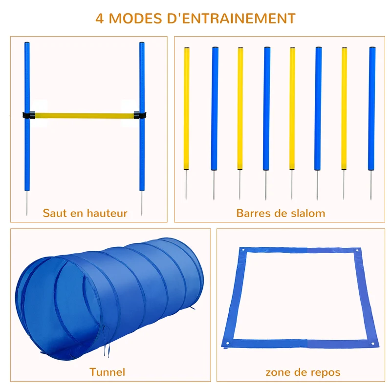 Équipement d'agilité pour chiens parcours complet 148 x 60 x 60 cm hauteur réglable montage rapide moderne en PP bleu 21_0007512