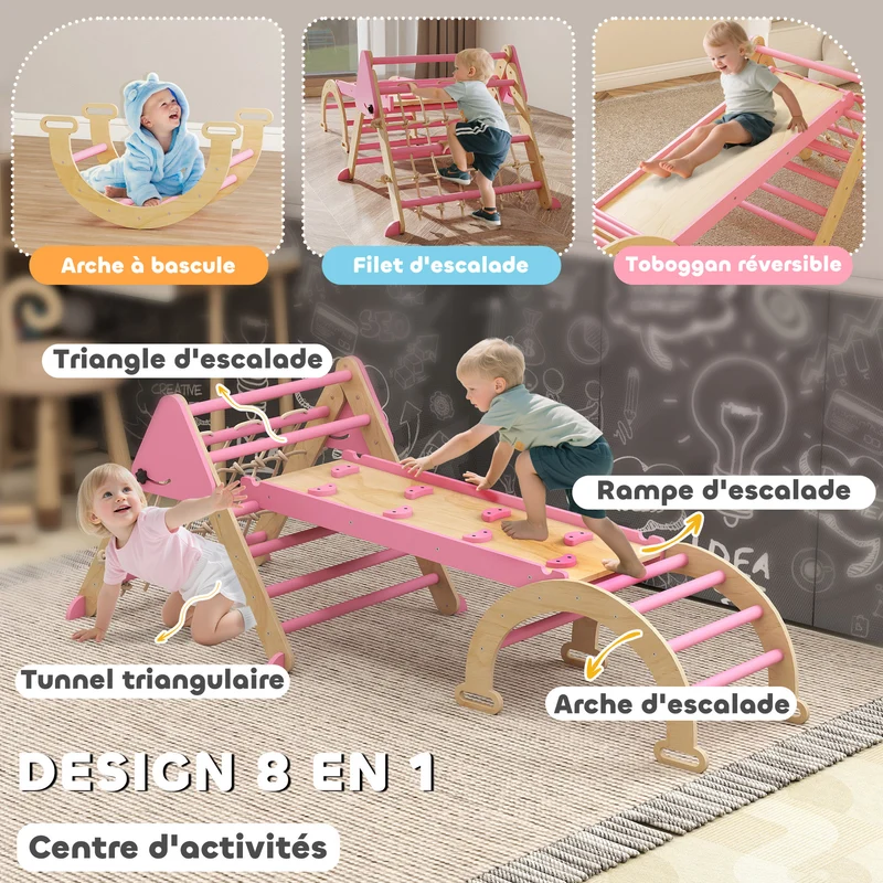Triangle d'escalade enfants 191.5 x 74.5 x 63 cm pliable multifonction salon chambre scandinave minimaliste en bois rose 21_0000320