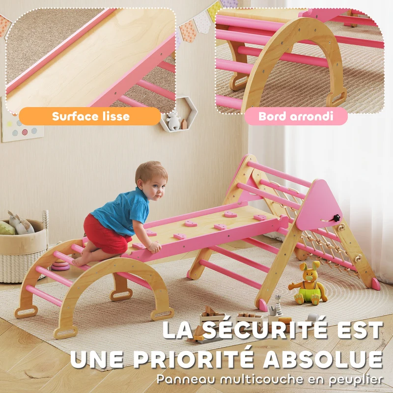 Triangle d'escalade enfants 191.5 x 74.5 x 63 cm pliable multifonction salon chambre scandinave minimaliste en bois rose 21_0000320
