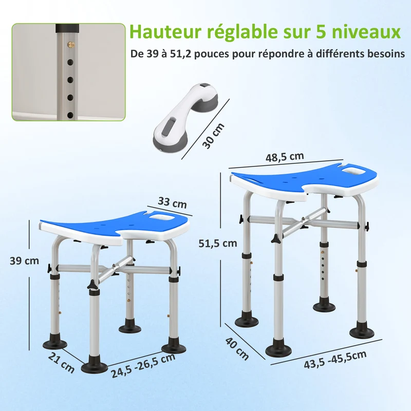 Tabouret de douche ergonomique 48,5 x 33 x 39-51,5 cm hauteur ajustable antidérapant moderne en aluminium bleu foncé 21_0000847
