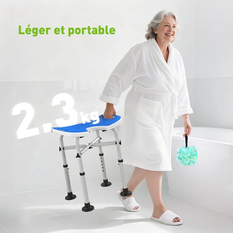 Tabouret de douche ergonomique 48,5 x 33 x 39-51,5 cm hauteur ajustable antidérapant moderne en aluminium bleu foncé 21_0000847