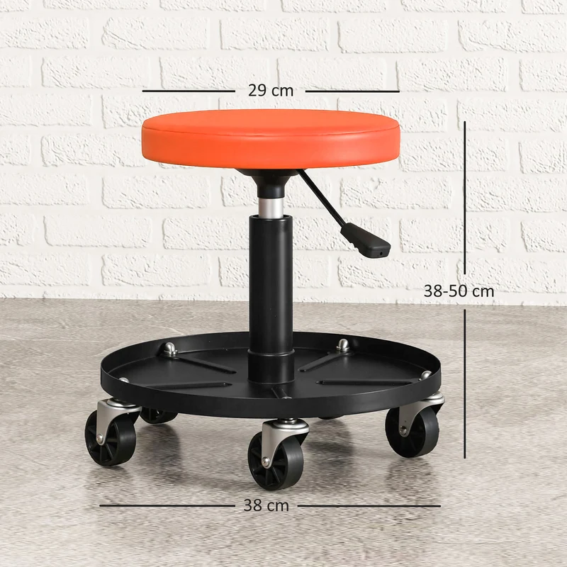 Tabouret d'atelier pour garage 38 x 38 x 38-50 cm hauteur réglable roulettes 360° industriel moderne en acier orange 21_0007177