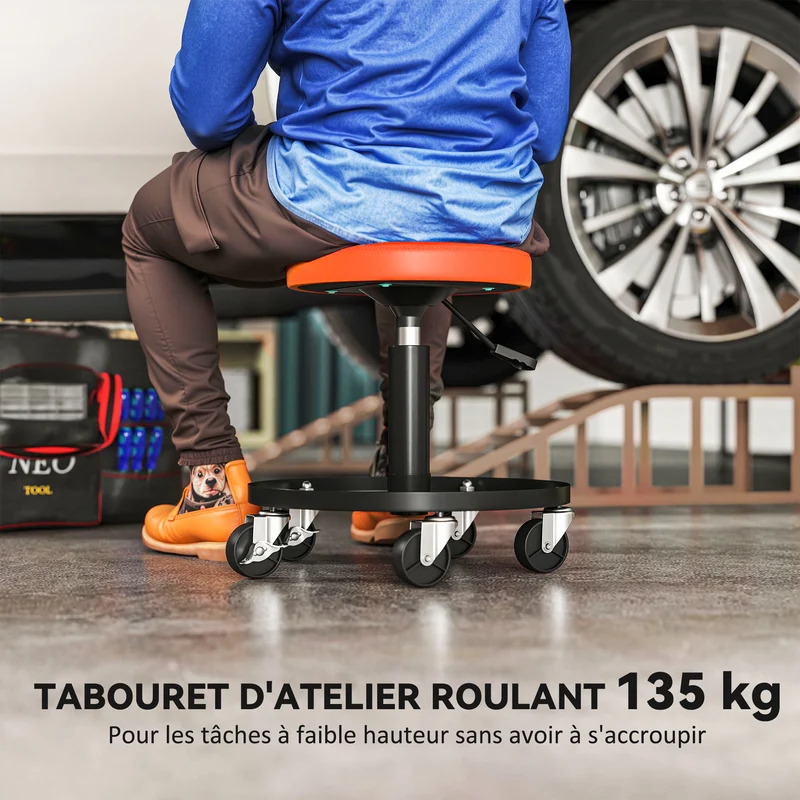 Tabouret d'atelier pour garage 38 x 38 x 38-50 cm hauteur réglable roulettes 360° industriel moderne en acier orange 21_0007177