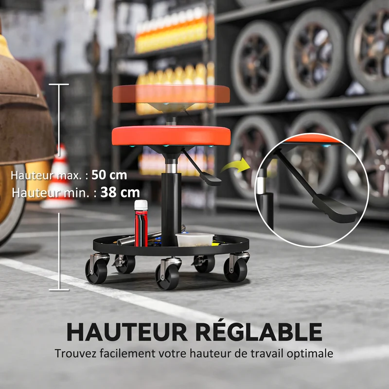 Tabouret d'atelier pour garage 38 x 38 x 38-50 cm hauteur réglable roulettes 360° industriel moderne en acier orange 21_0007177