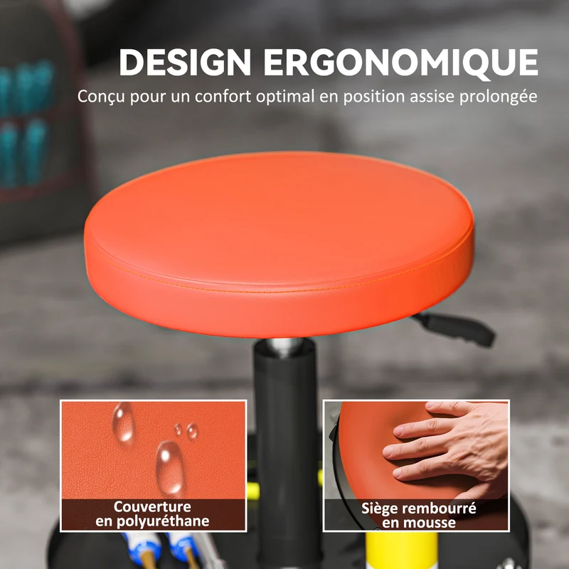 Tabouret d'atelier pour garage 38 x 38 x 38-50 cm hauteur réglable roulettes 360° industriel moderne en acier orange 21_0007177
