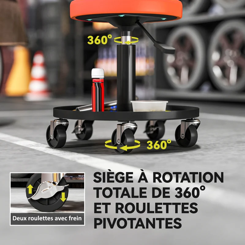 Tabouret d'atelier pour garage 38 x 38 x 38-50 cm hauteur réglable roulettes 360° industriel moderne en acier orange 21_0007177
