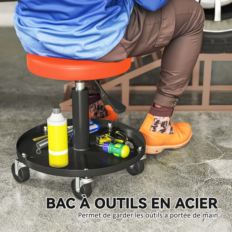 Tabouret d'atelier pour garage 38 x 38 x 38-50 cm hauteur réglable roulettes 360° industriel moderne en acier orange 21_0007177
