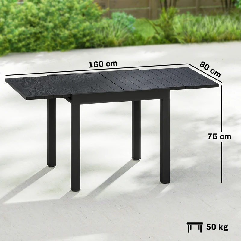 Table de jardin extensible 80 x 160 x 75 cm rallonge auto rangée gain de place style contemporain en aluminium noir 21_0005712