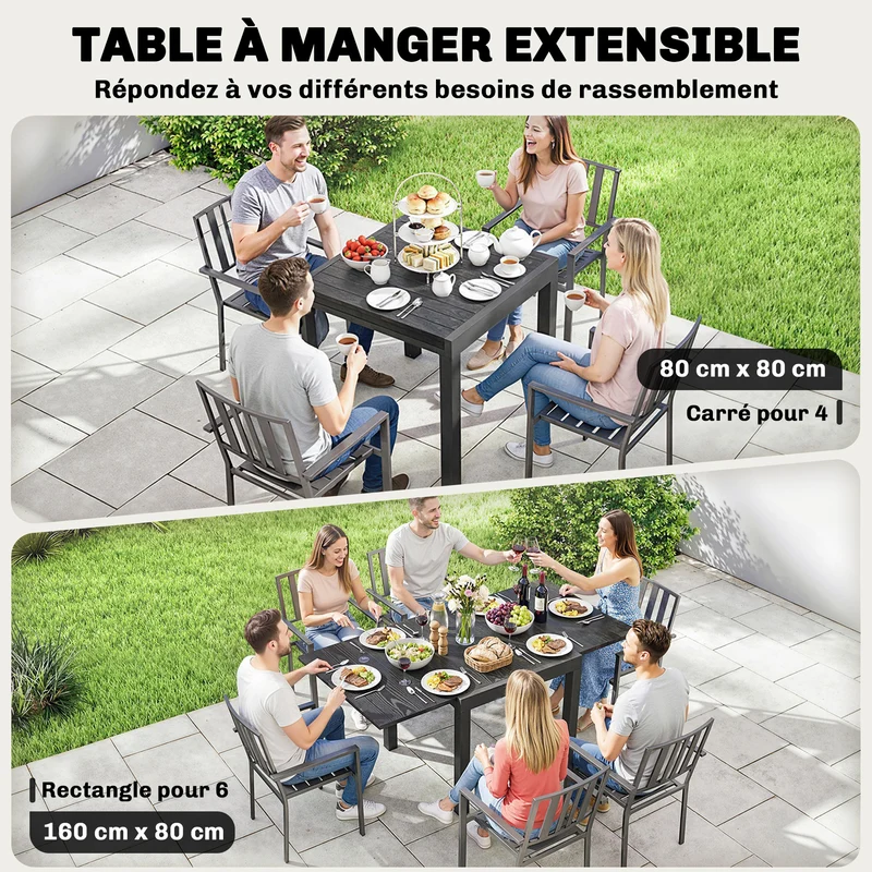 Table de jardin extensible 80 x 160 x 75 cm rallonge auto rangée gain de place style contemporain en aluminium noir 21_0005712