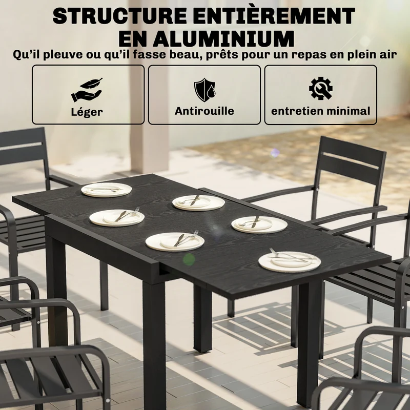 Table de jardin extensible 80 x 160 x 75 cm rallonge auto rangée gain de place style contemporain en aluminium noir 21_0005712