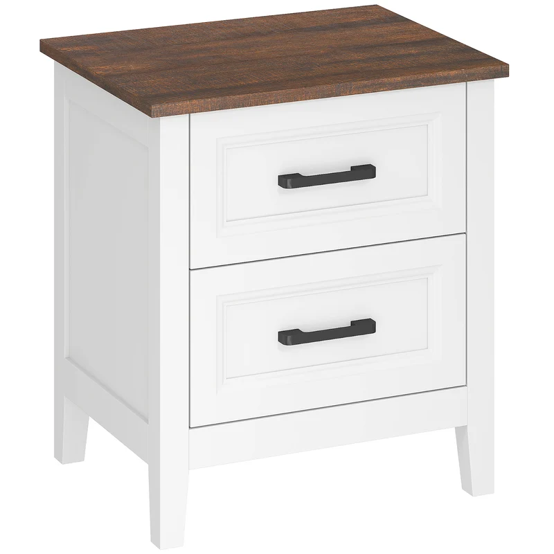 Table de chevet 45 x 35 x 50 cm 2 tiroirs rangement style rustique cosy finition effet bois dessus pratique en MDF blanc 21_0003790