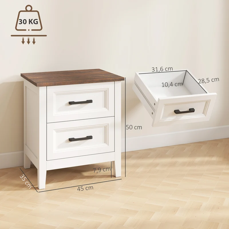 Table de chevet 45 x 35 x 50 cm 2 tiroirs rangement style rustique cosy finition effet bois dessus pratique en MDF blanc 21_0003790