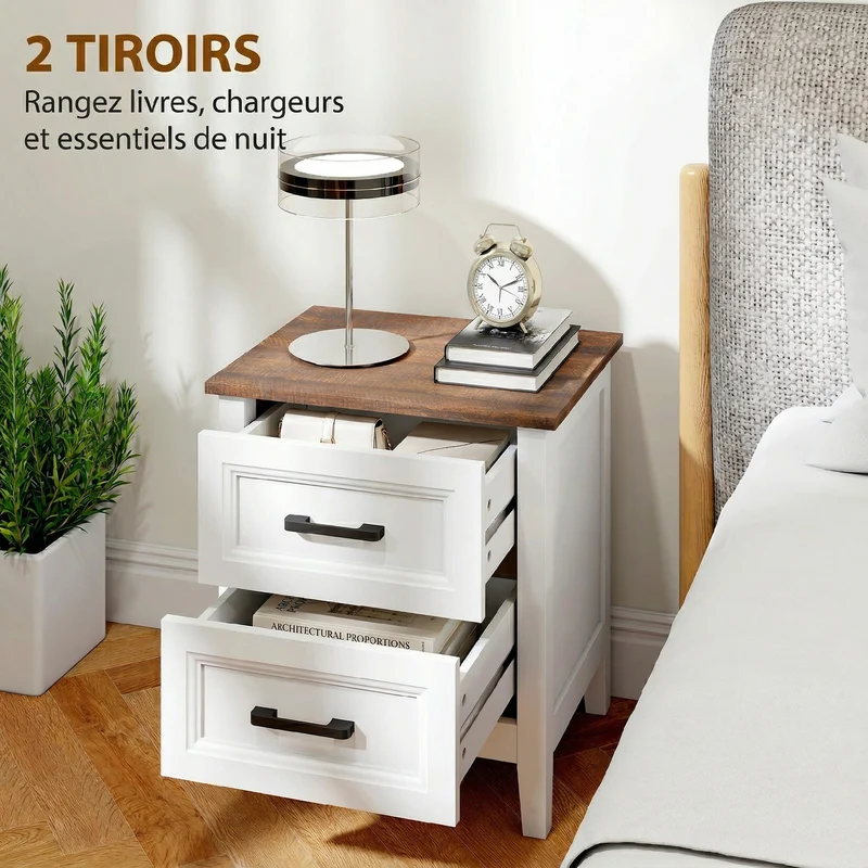 Table de chevet 45 x 35 x 50 cm 2 tiroirs rangement style rustique cosy finition effet bois dessus pratique en MDF blanc 21_0003790