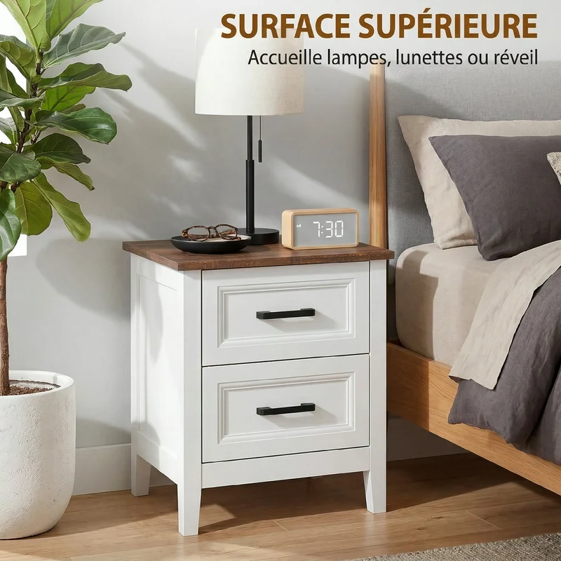 Table de chevet 45 x 35 x 50 cm 2 tiroirs rangement style rustique cosy finition effet bois dessus pratique en MDF blanc 21_0003790