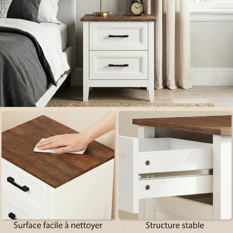 Table de chevet 45 x 35 x 50 cm 2 tiroirs rangement style rustique cosy finition effet bois dessus pratique en MDF blanc 21_0003790
