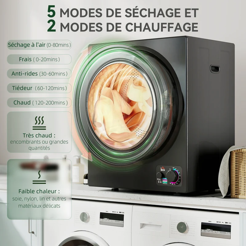 Sèche-linge portable compact 49 x 40,5 x 60 cm séchage rapide anti-froissage contemporain léger en acier inoxydable noir 21_0007088