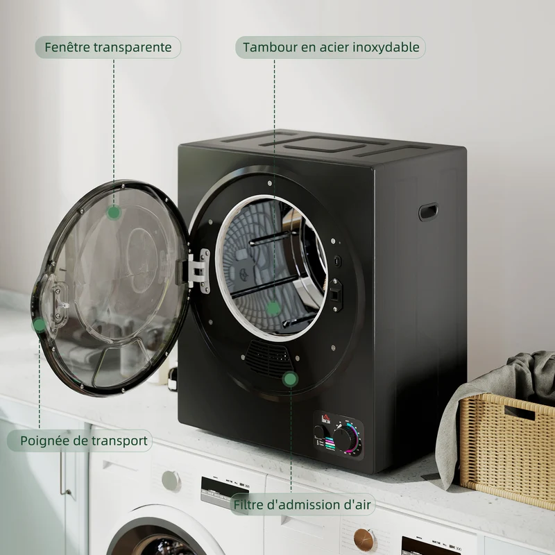 Sèche-linge portable compact 49 x 40,5 x 60 cm séchage rapide anti-froissage contemporain léger en acier inoxydable noir 21_0007088