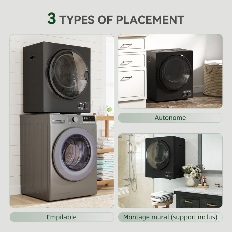 Sèche-linge portable compact 49 x 40,5 x 60 cm séchage rapide anti-froissage contemporain léger en acier inoxydable noir 21_0007088