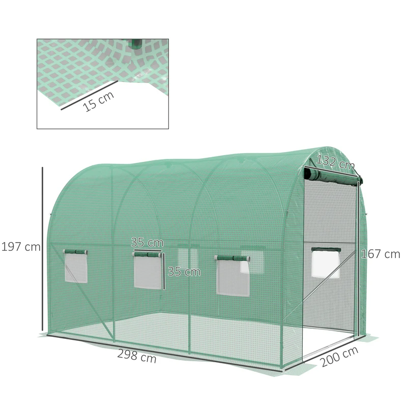 Serre tunnel de jardin 298 x 200 x 197 cm arrosage intégré 6 fenêtres moustiquaire design pratique en polyéthylène vert 21_0004359