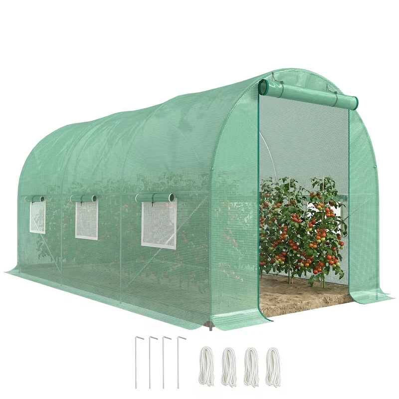 Serre de jardin tunnel 445 x 200 x 200 cm protection contre intempéries et oiseaux montage facile moderne en acier vert 21_0004021