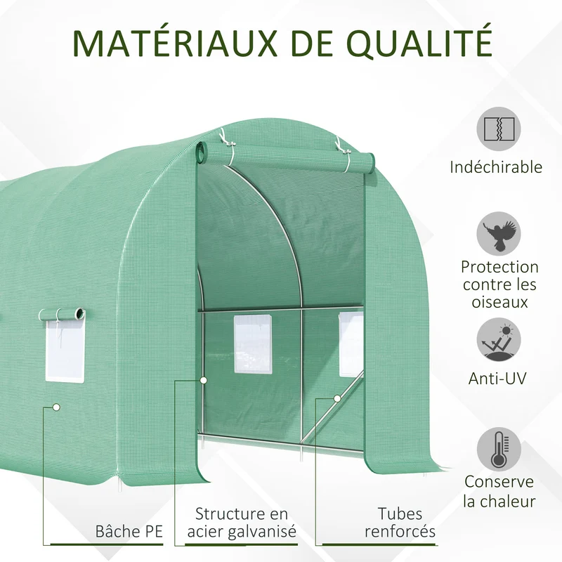 Serre de jardin tunnel 445 x 200 x 200 cm protection contre intempéries et oiseaux montage facile moderne en acier vert 21_0004021