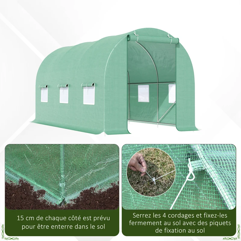 Serre de jardin tunnel 445 x 200 x 200 cm protection contre intempéries et oiseaux montage facile moderne en acier vert 21_0004021