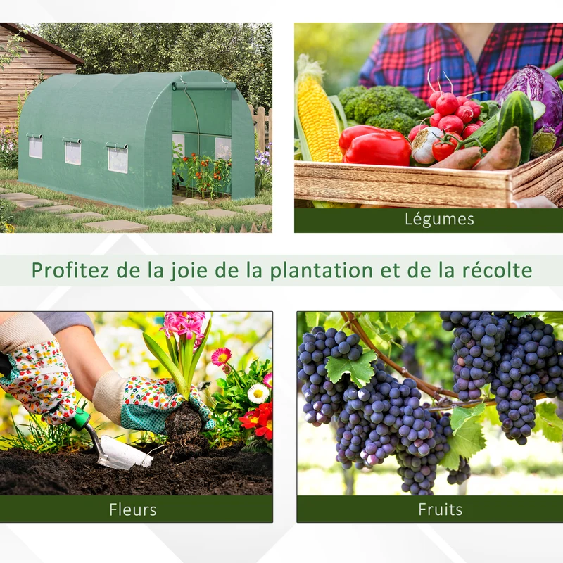 Serre de jardin tunnel 445 x 200 x 200 cm protection contre intempéries et oiseaux montage facile moderne en acier vert 21_0004021
