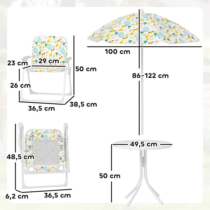 Salon de jardin enfant 4 pièces 49.5 x 38 x 122 cm protection uv pliable décoratif tendance cosy en plastique blanc 21_0000743