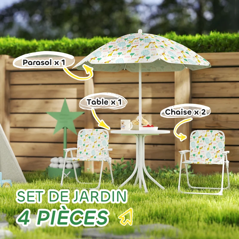 Salon de jardin enfant 4 pièces 49.5 x 38 x 122 cm protection uv pliable décoratif tendance cosy en plastique blanc 21_0000743