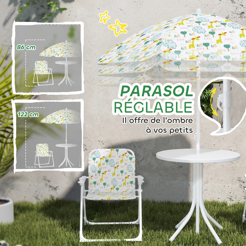 Salon de jardin enfant 4 pièces 49.5 x 38 x 122 cm protection uv pliable décoratif tendance cosy en plastique blanc 21_0000743