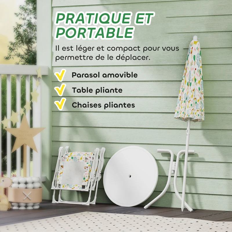 Salon de jardin enfant 4 pièces 49.5 x 38 x 122 cm protection uv pliable décoratif tendance cosy en plastique blanc 21_0000743