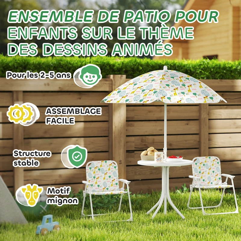 Salon de jardin enfant 4 pièces 49.5 x 38 x 122 cm protection uv pliable décoratif tendance cosy en plastique blanc 21_0000743