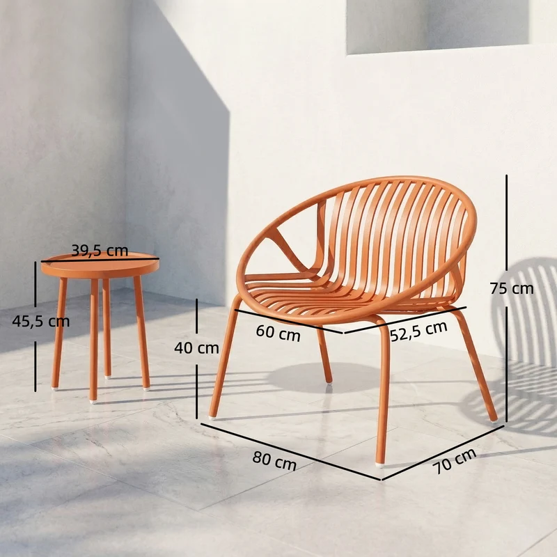 Salon de jardin bistro 2 places 80 x 70 x 75 cm assises ergonomiques résistantes design contemporain en PP rouge brique 21_0005370