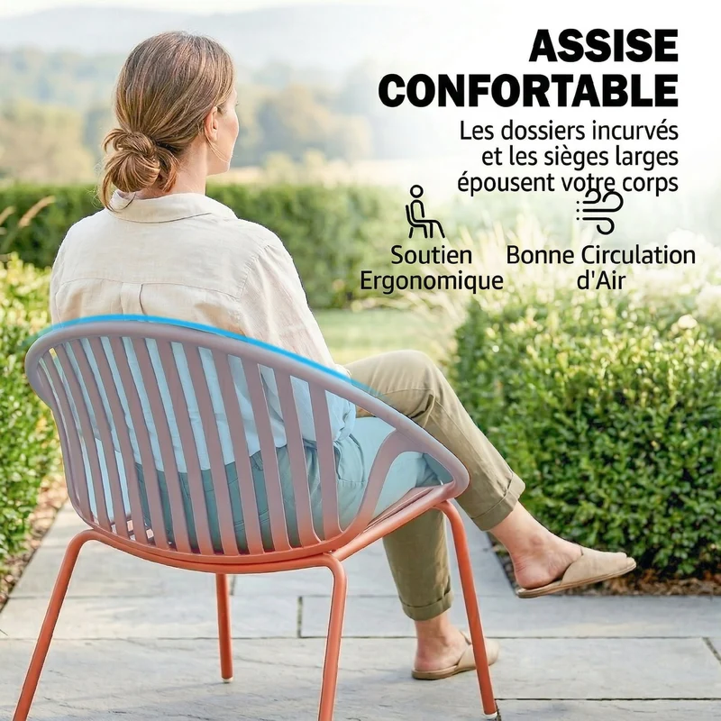 Salon de jardin bistro 2 places 80 x 70 x 75 cm assises ergonomiques résistantes design contemporain en PP rouge brique 21_0005370