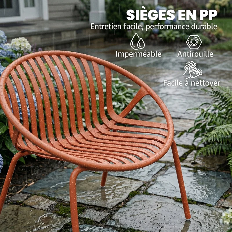 Salon de jardin bistro 2 places 80 x 70 x 75 cm assises ergonomiques résistantes design contemporain en PP rouge brique 21_0005370