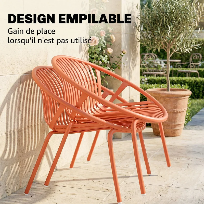 Salon de jardin bistro 2 places 80 x 70 x 75 cm assises ergonomiques résistantes design contemporain en PP rouge brique 21_0005370