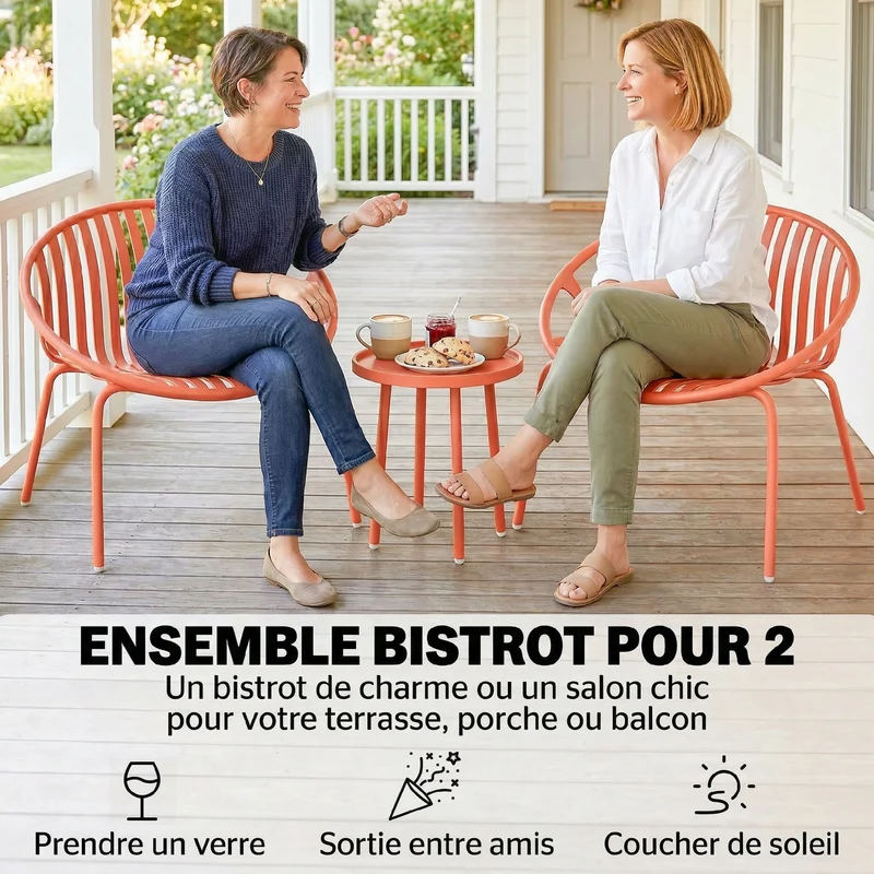 Salon de jardin bistro 2 places 80 x 70 x 75 cm assises ergonomiques résistantes design contemporain en PP rouge brique 21_0005370
