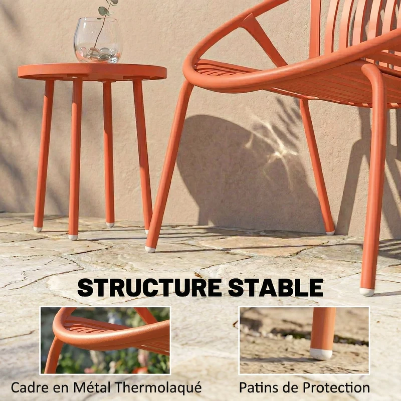 Salon de jardin bistro 2 places 80 x 70 x 75 cm assises ergonomiques résistantes design contemporain en PP rouge brique 21_0005370