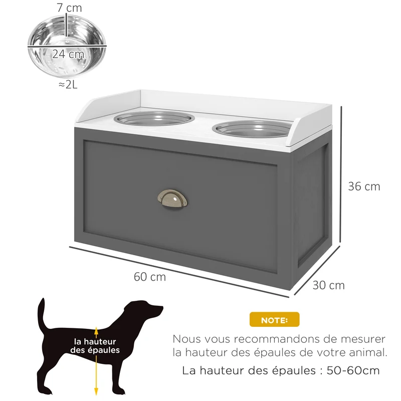 Porte-gamelles surélevé pour chien et chat 60 x 30 x 36 cm améliore posture digestion tiroir épuré moderne en MDF blanc 21_0007541