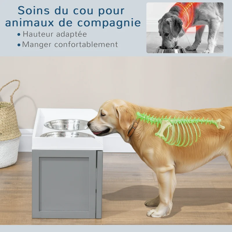 Porte-gamelles surélevé pour chien et chat 60 x 30 x 36 cm améliore posture digestion tiroir épuré moderne en MDF blanc 21_0007541
